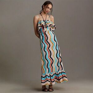 Farm Rio for Anthropologie Wavy Stripe Ruffled Maxi Dress Multicolor XS